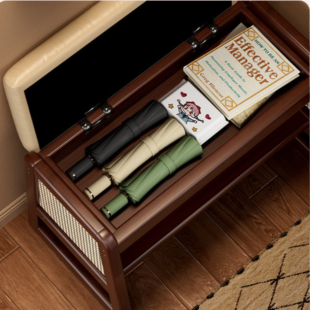 HOMERO Elegant Rattan Design Premium Wooden Shoe Storage Bench - 2 Tier