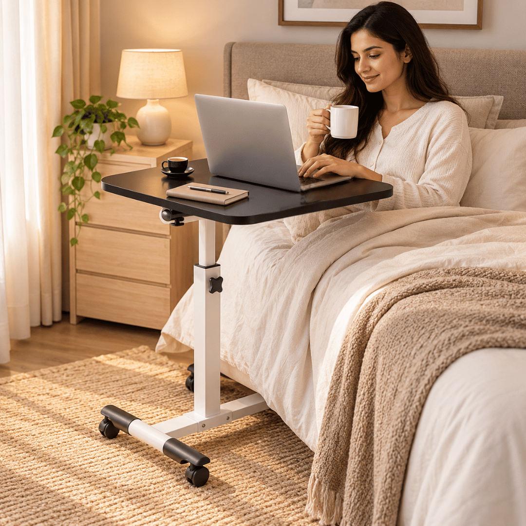 Height Adjustable Laptop Table with Wheels & Rotating Tabletop