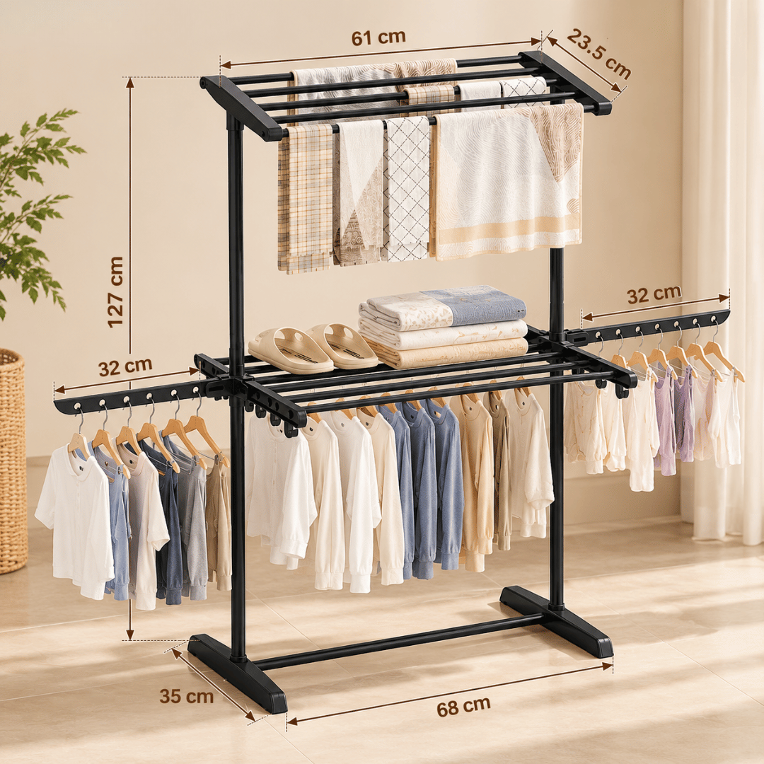 Multipurpose Two Tier Clothes Drying Stand with Hanger Slots and Accessory Hooks