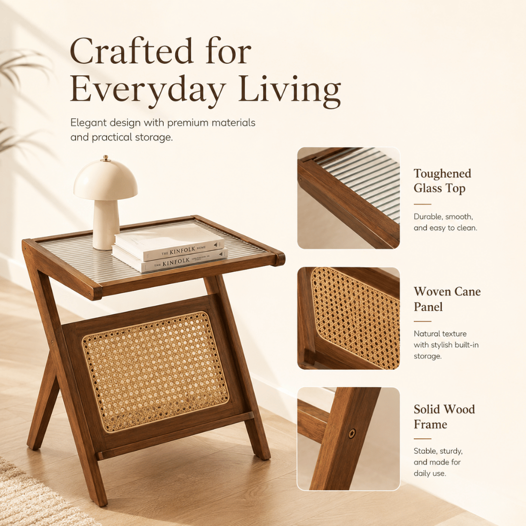 Elegant Z-Shape Boho Wooden Side Table with Toughened Glass Top