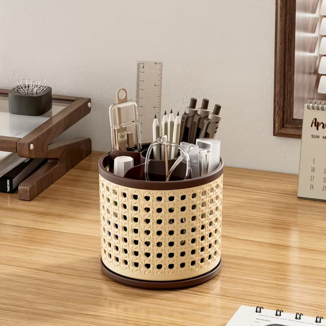 Multi Chamber Vintage Rattan Style Rotating Storage Organizer