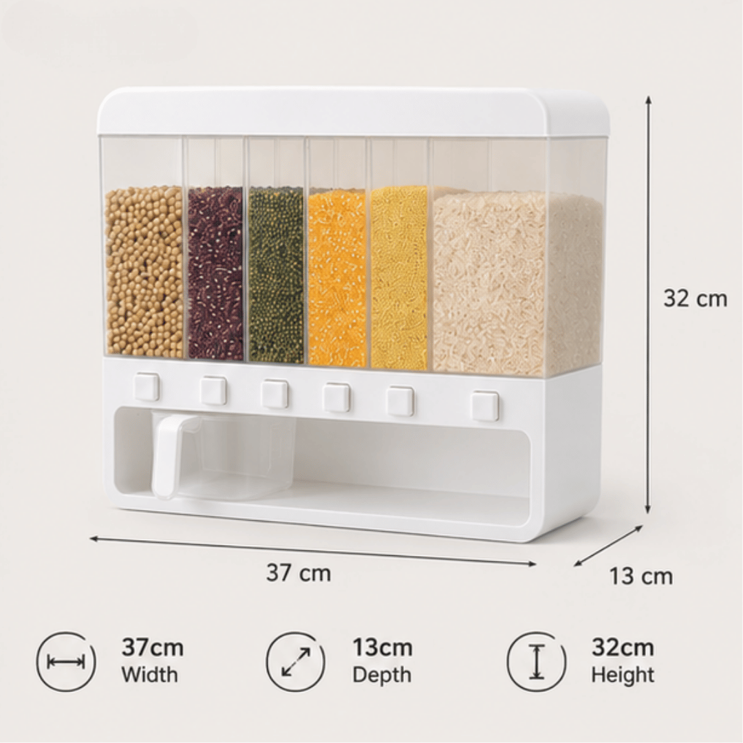 Six Compartment Airtight One Touch Grain Dispenser Storage Container With Measuring Cup