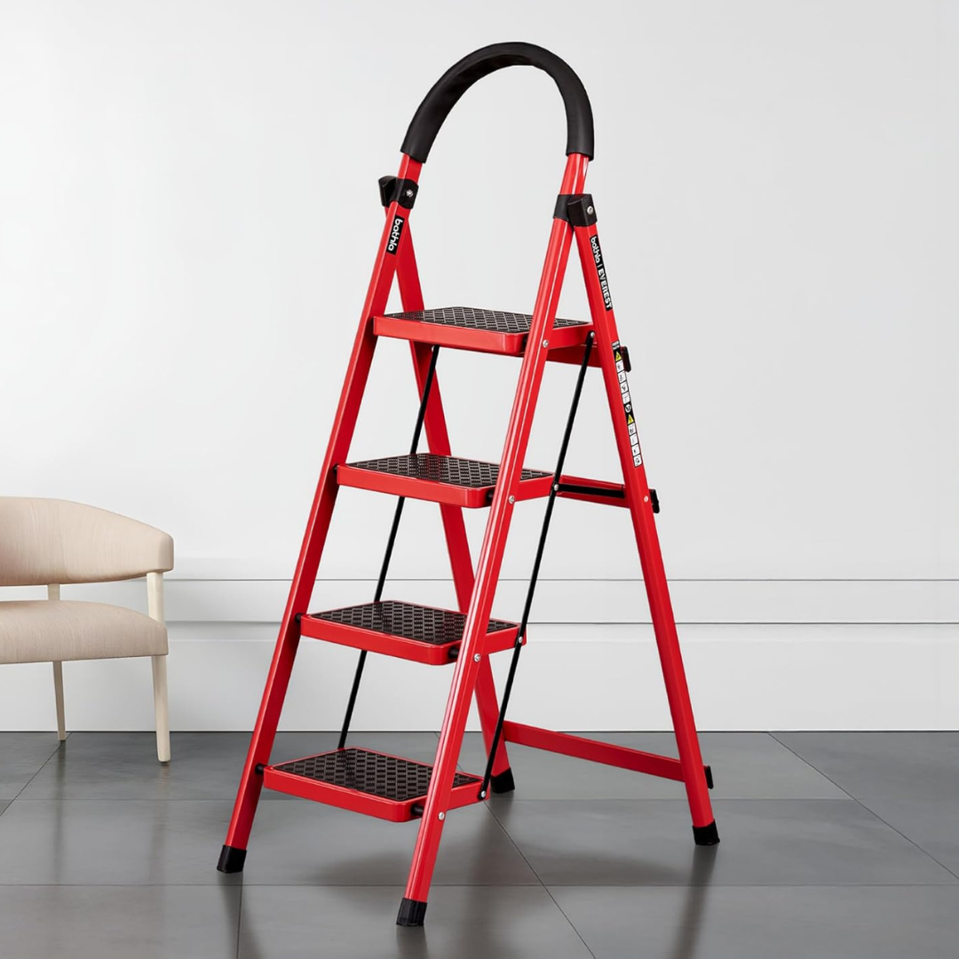 Heavy Duty Foldable Steel Step Ladder with Tool Tray and Safety Hand Grip