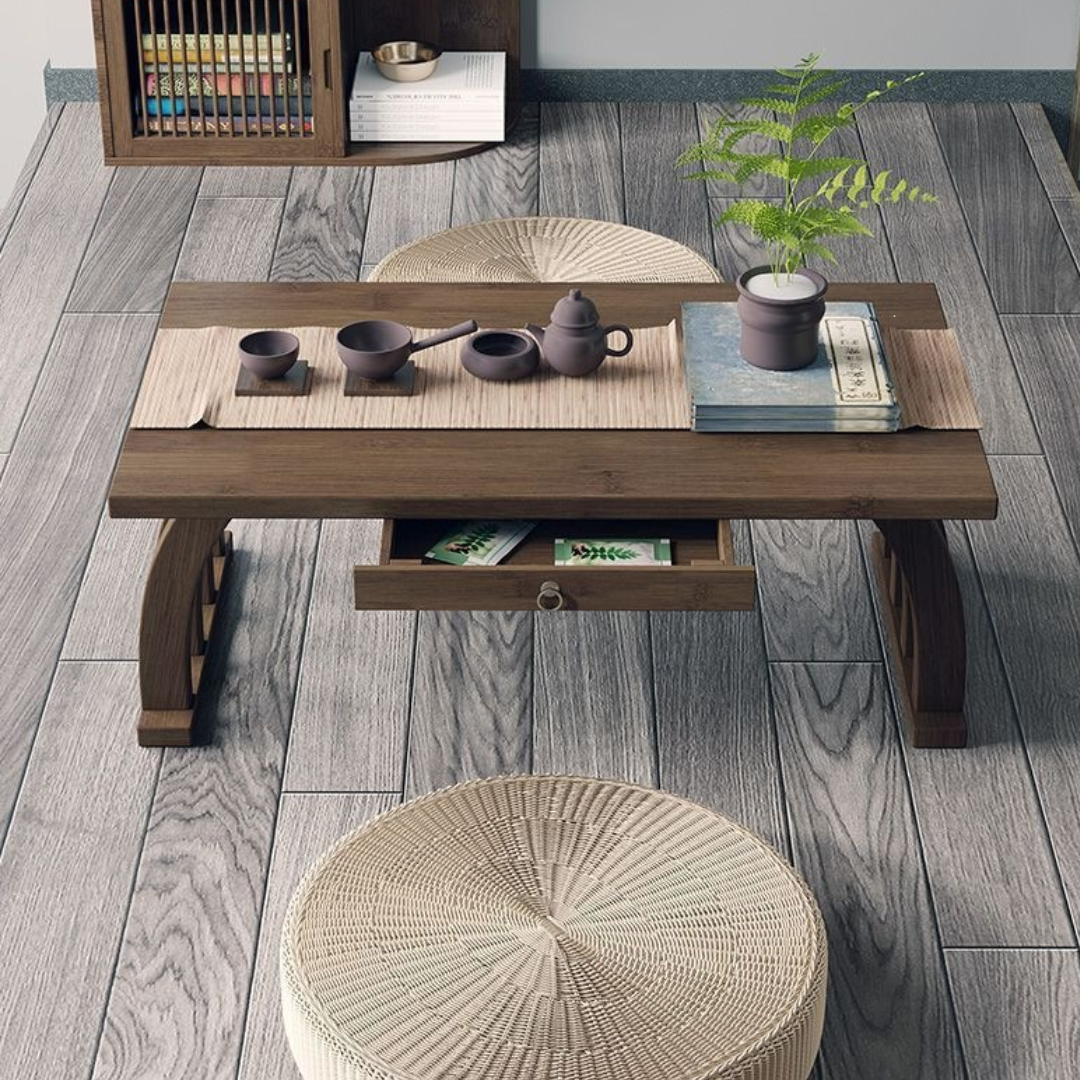 Premium Japanese Style Curve Bamboo Table with Storage Drawer