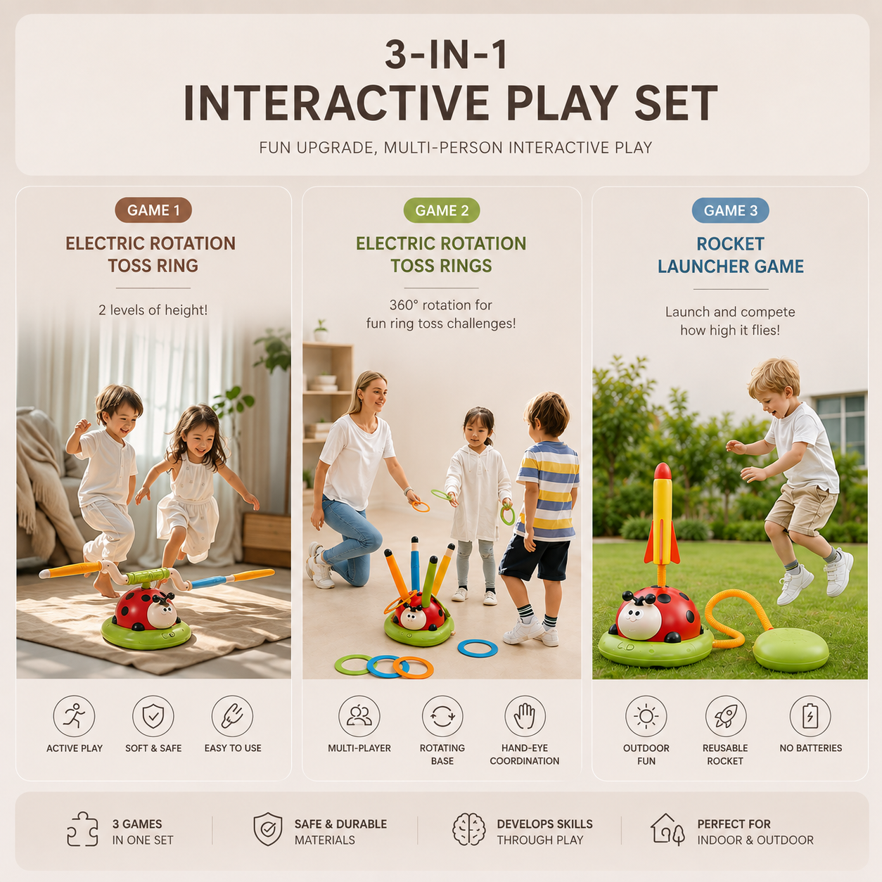 Homero 3 in 1 Musical Jump/Toss Ring/Rocket Launcher Toy for Kids