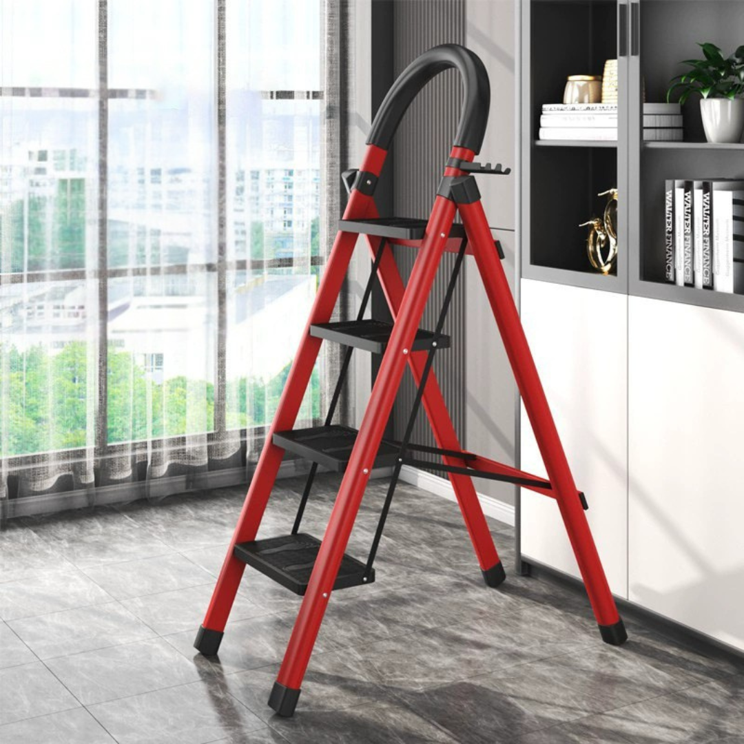 Foldable Carbon Steel Four Step Ladder with Handrail and Tool Tray