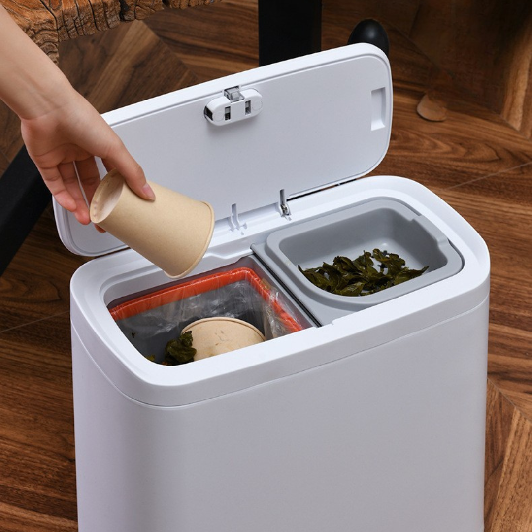 Dual Wet Dry Compartments Waste Bin with Pop Up Lid and Detachable Strainer