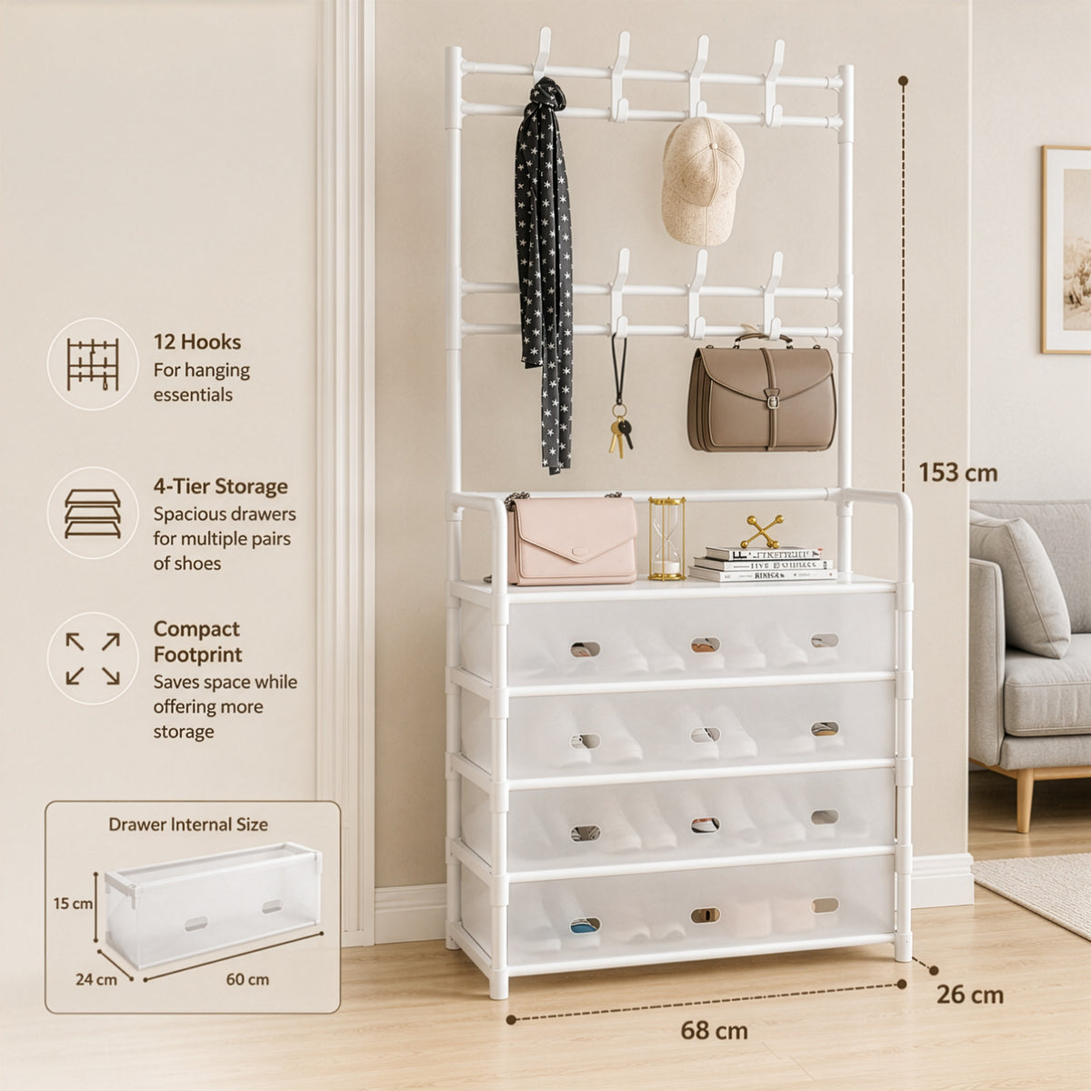 HOMERO 4-Tier Double Row Hooks Coat Rack with Shoe Storage