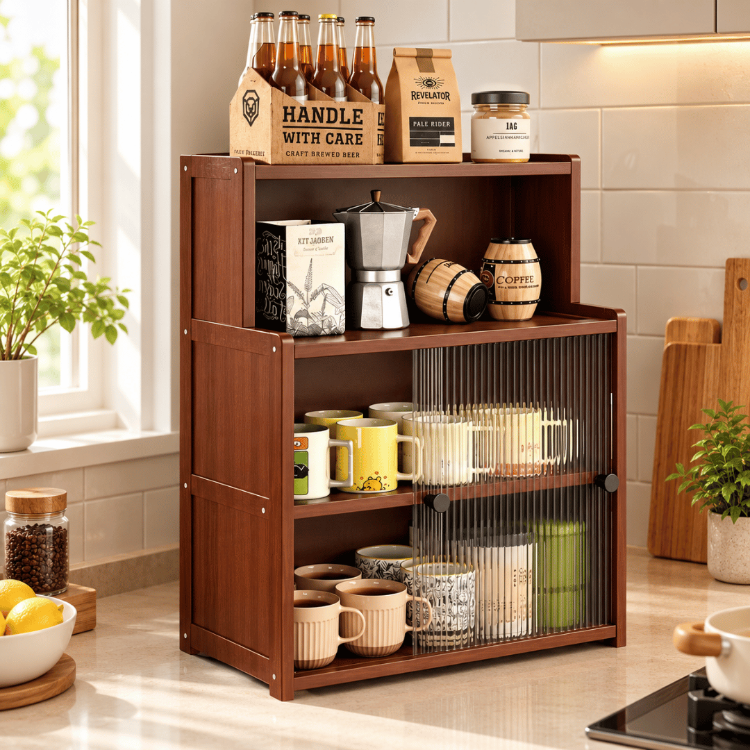 Premium Wooden Countertop Organizer with Open Shelf and Dust Protected Sliding Compartments