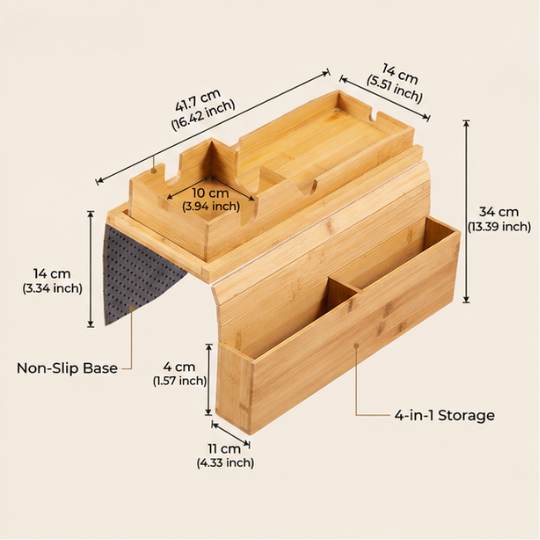 Multipurpose Adjustable Bamboo Couch Armrest Tray with Cup Holder and Organizer