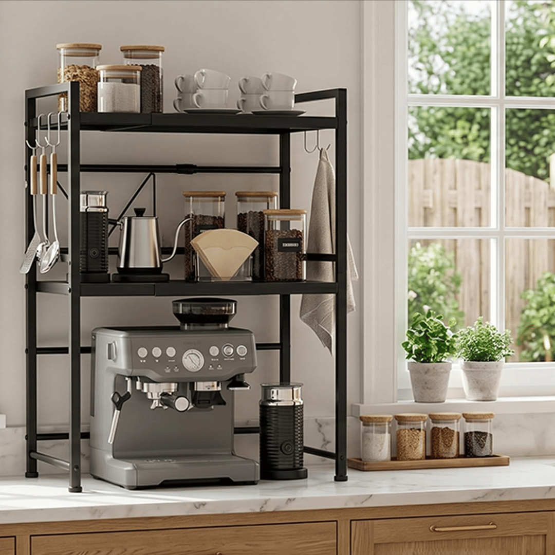 Two Tier Adjustable Microwave Oven Shelf Kitchen Counter Organizer with Hooks