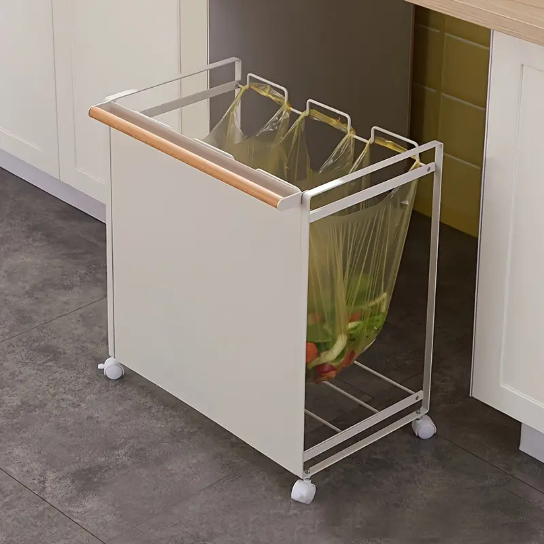 HOMERO Three-Compartment Metal Garbage Bag Holder Sleek Rolling Storage Rack