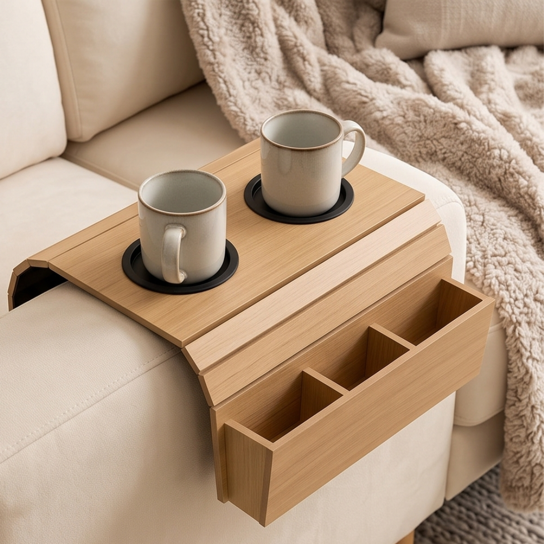 Flexible Wooden Sofa Armrest Tray Table With Dual Cup Holders And Remote Storage
