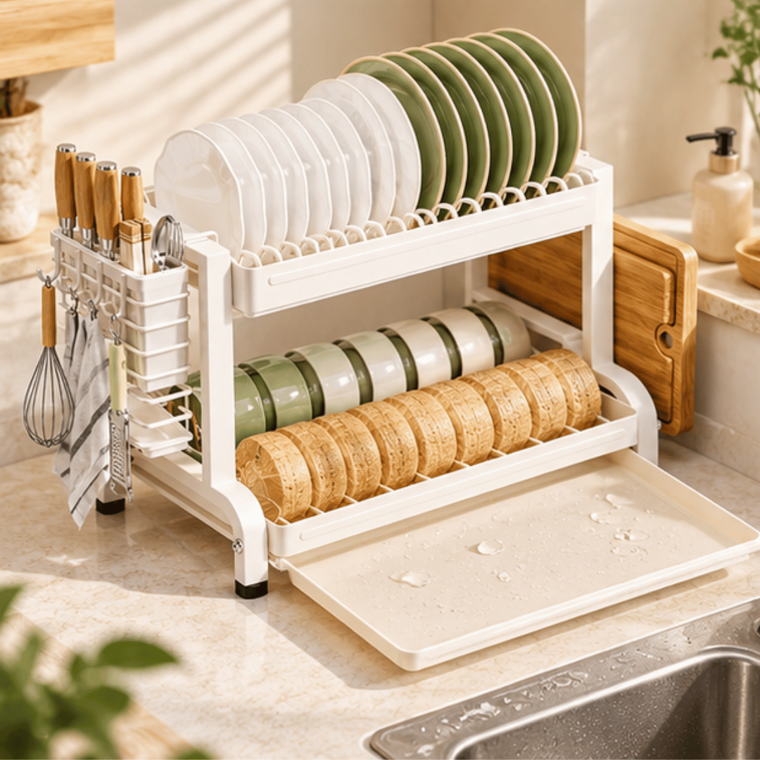 Premium Multi Layer Kitchen Dish Drying Rack with Cutting Board and Cutlery Storage