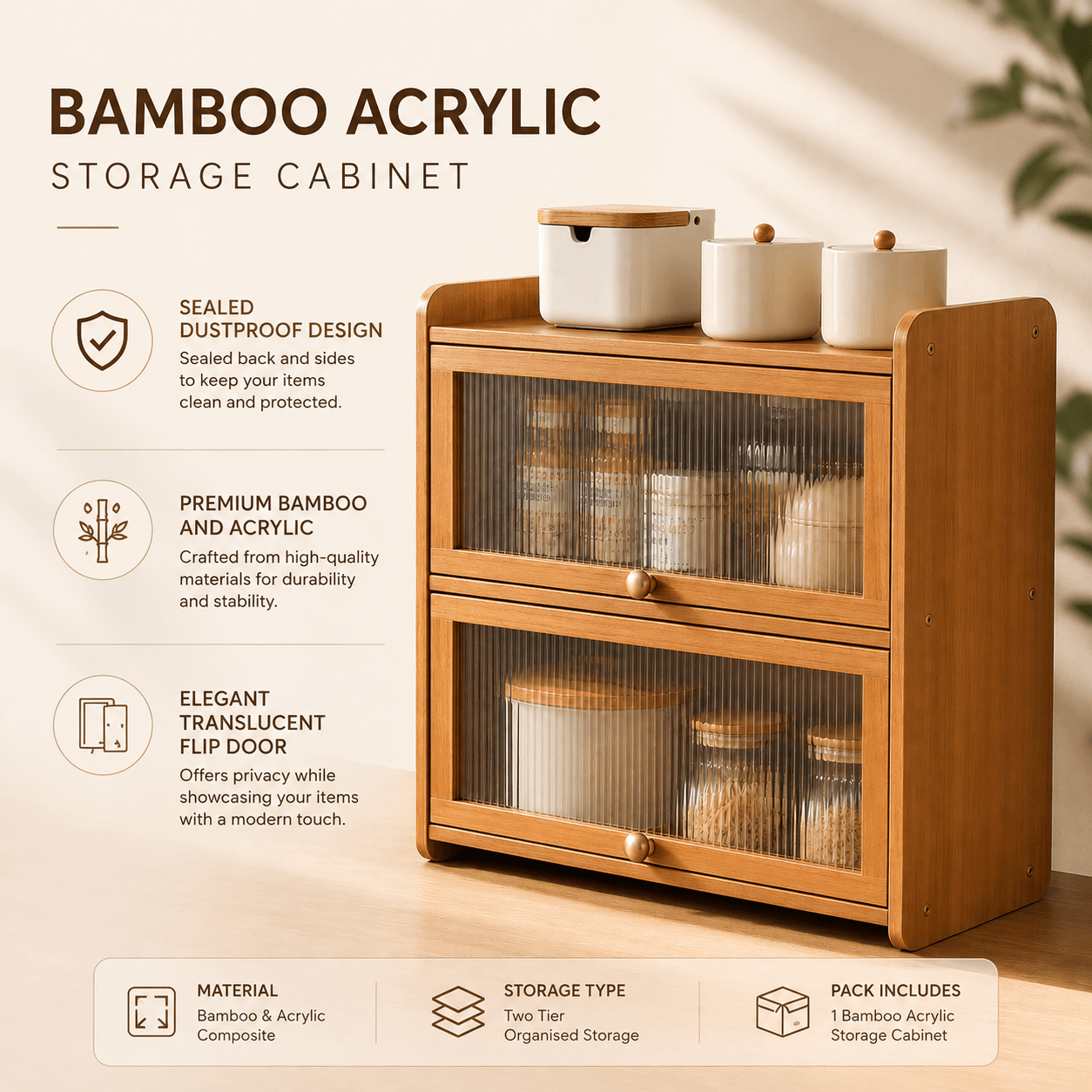 2-Tier Bamboo Acrylic Multipurpose Storage Cabinet with Translucent Flip Door