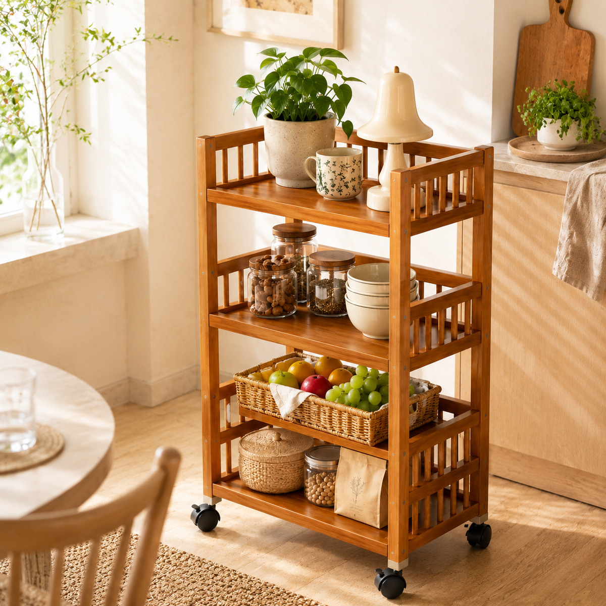 Homero 3-Tier Modern Wooden Media Storage Rack with Wheels