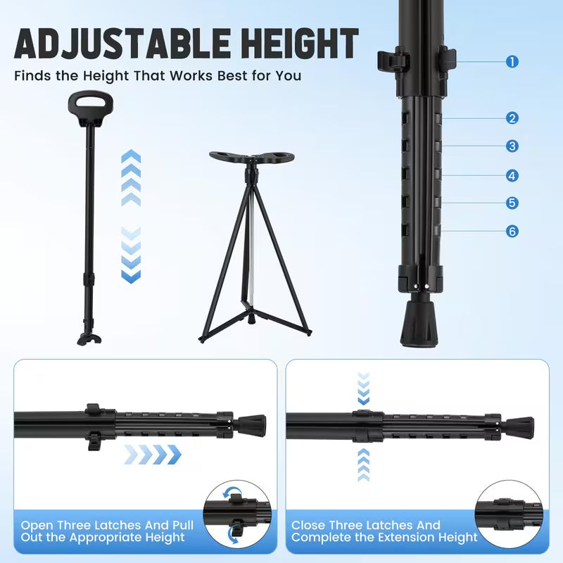 Foldable Aluminium Walking Stick with Adjustable Height Seat