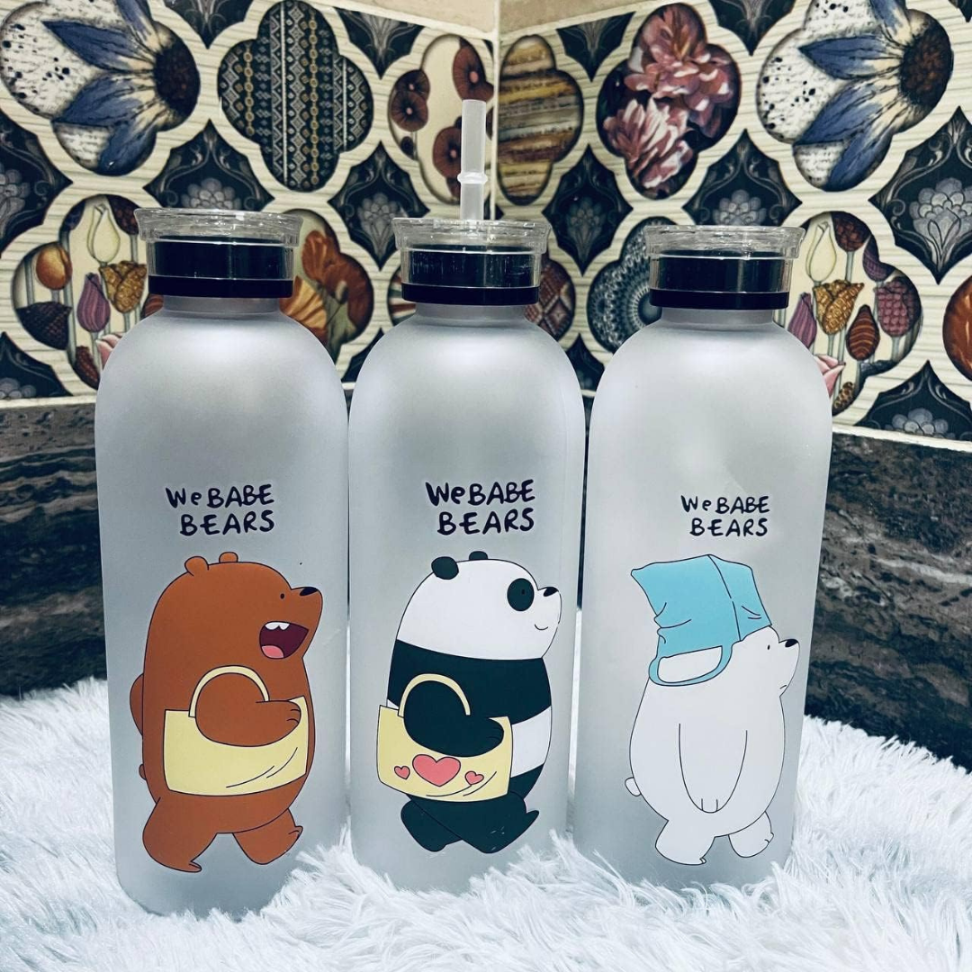 HOMERO Cute Bear Straw Sports Water Bottle – Portable Frosted 1000ml Capacity