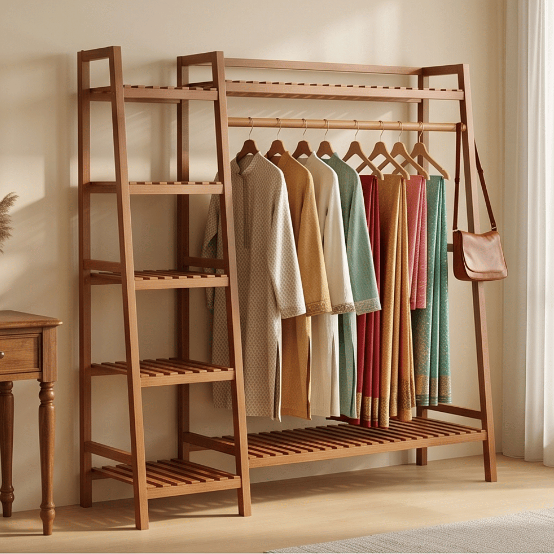 Multi-Functional Bamboo Ladder Open Wardrobe Garment Rack with Clothes Rail