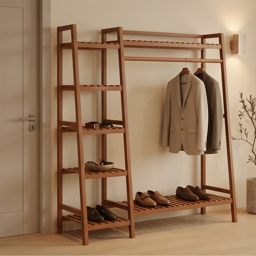 Multi-Functional Bamboo Ladder Open Wardrobe Garment Rack with Clothes Rail
