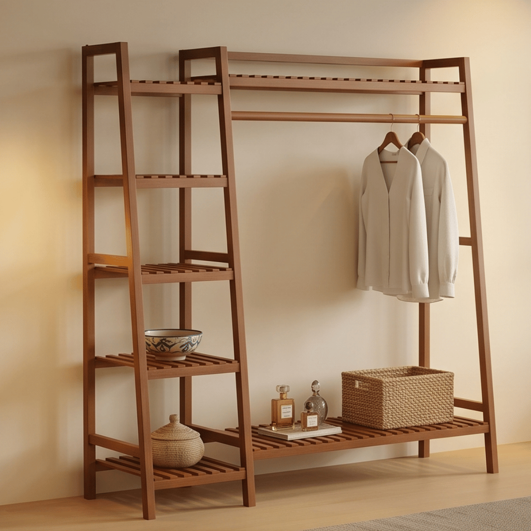 Multi-Functional Bamboo Ladder Open Wardrobe Garment Rack with Clothes Rail