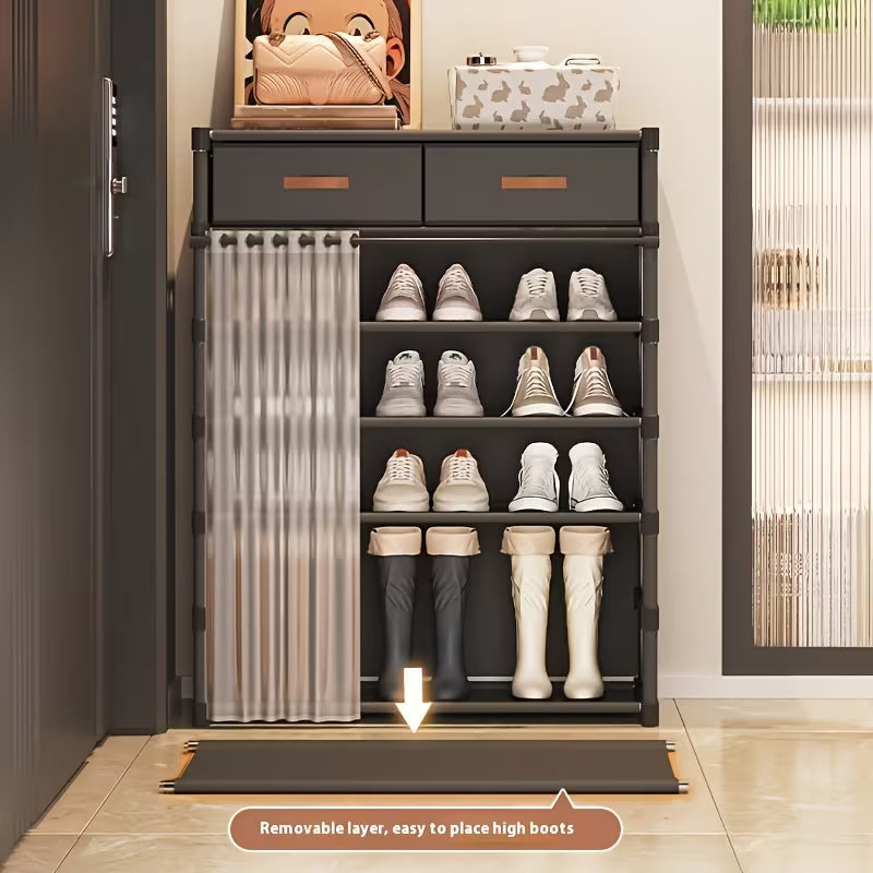 Multi Layer Shoe Organizer with Double Drawers and Sliding Curtain