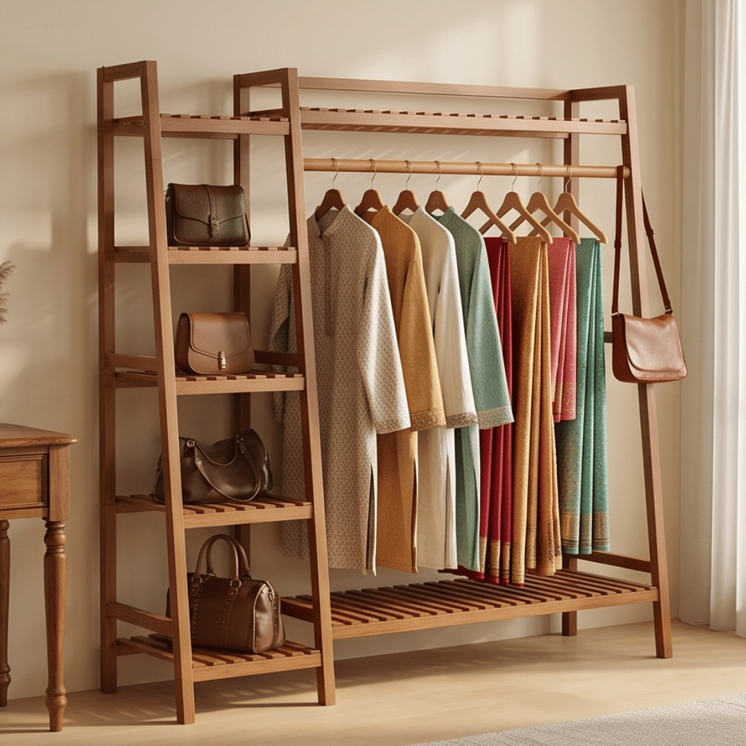 Multi-Functional Bamboo Ladder Open Wardrobe Garment Rack with Clothes Rail