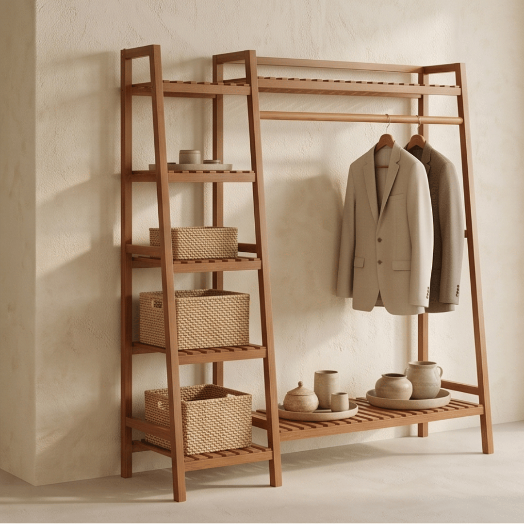 Multi-Functional Bamboo Ladder Open Wardrobe Garment Rack with Clothes Rail