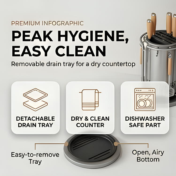 360° Rotating Kitchen Knife Holder with Drain Tray