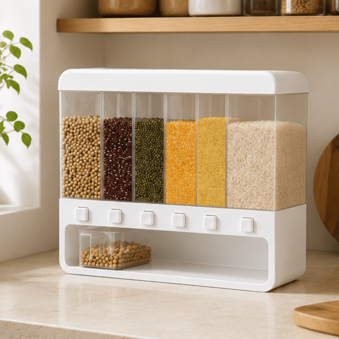Six Compartment Airtight One Touch Grain Dispenser Storage Container With Measuring Cup