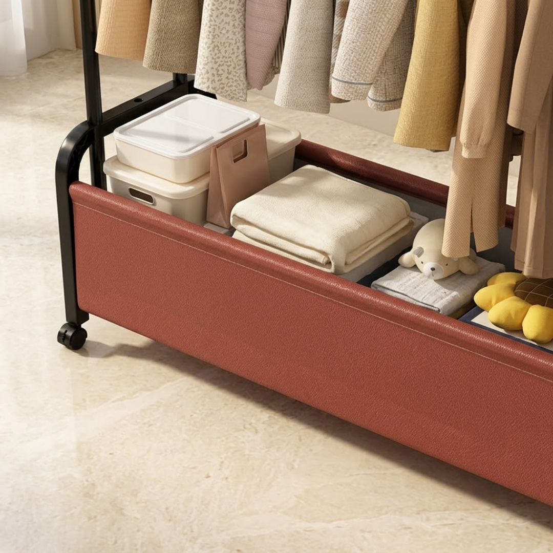 Multifunctional Tree Shaped Double Pole Garment Rack With Storage Basket