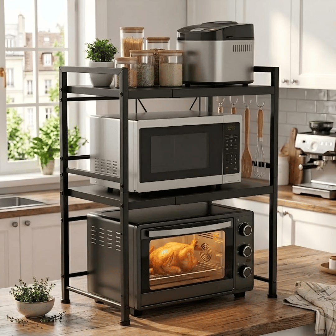 Two Tier Adjustable Microwave Oven Shelf Kitchen Counter Organizer with Hooks