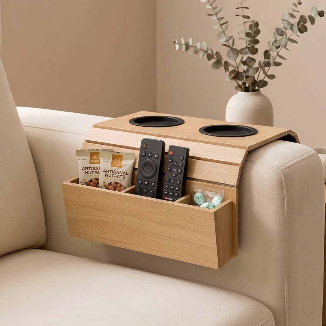 Flexible Wooden Sofa Armrest Tray Table With Dual Cup Holders And Remote Storage