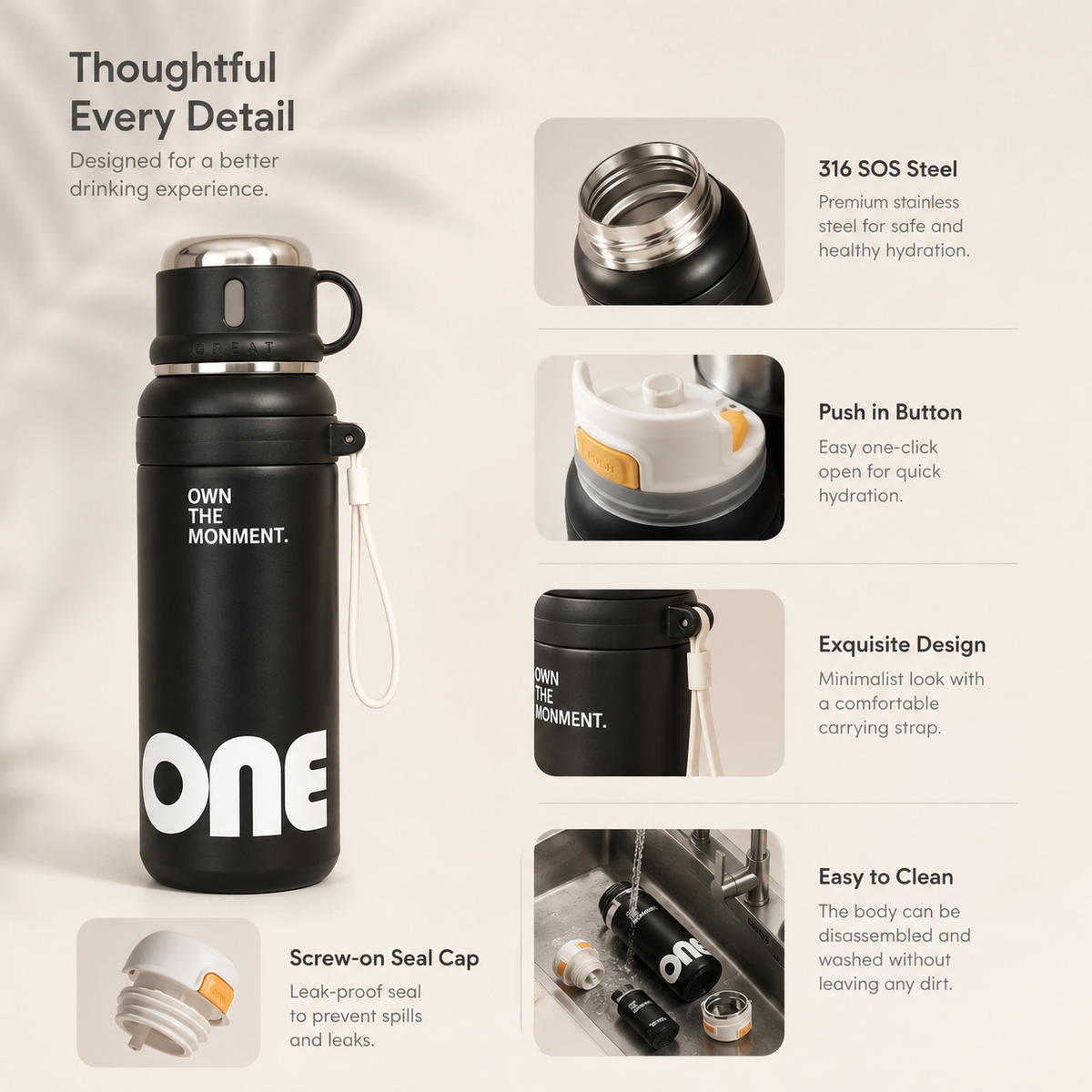 Homero Stylish Stainless Steel Leak Proof Thermal Water Bottle - 1000ml