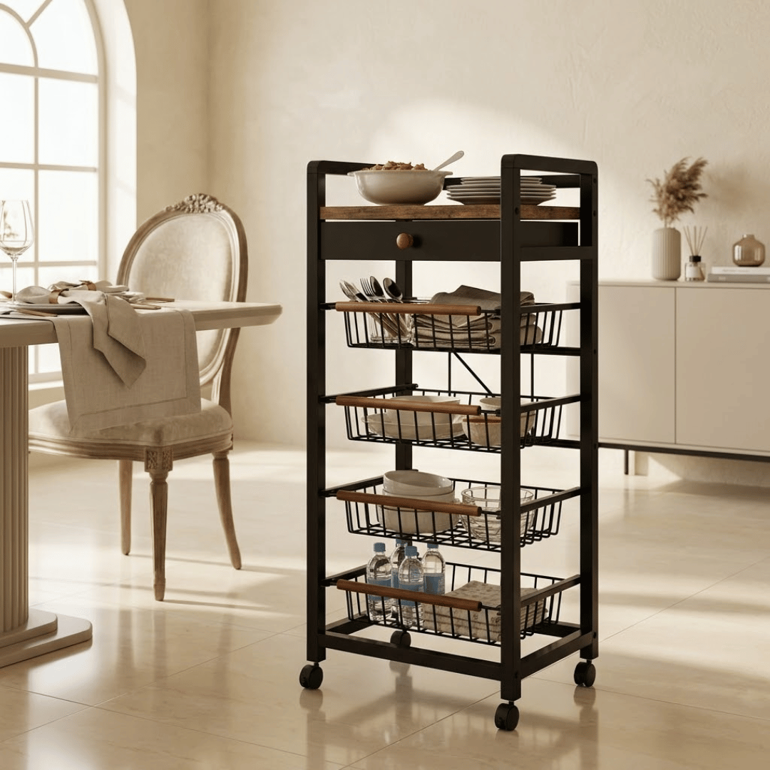 5 Tier Rolling Kitchen Storage Cart with Rustic Wooden Top and Pull Out Wire Baskets