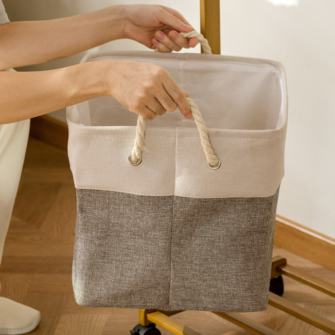 Multi-Purpose Bamboo Garment Stand with Laundry Basket and Hooks
