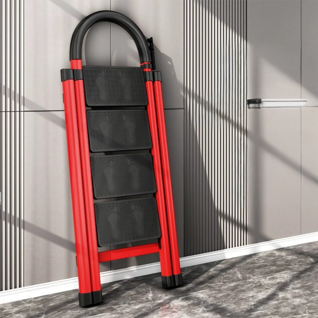 Foldable Carbon Steel Four Step Ladder with Handrail and Tool Tray
