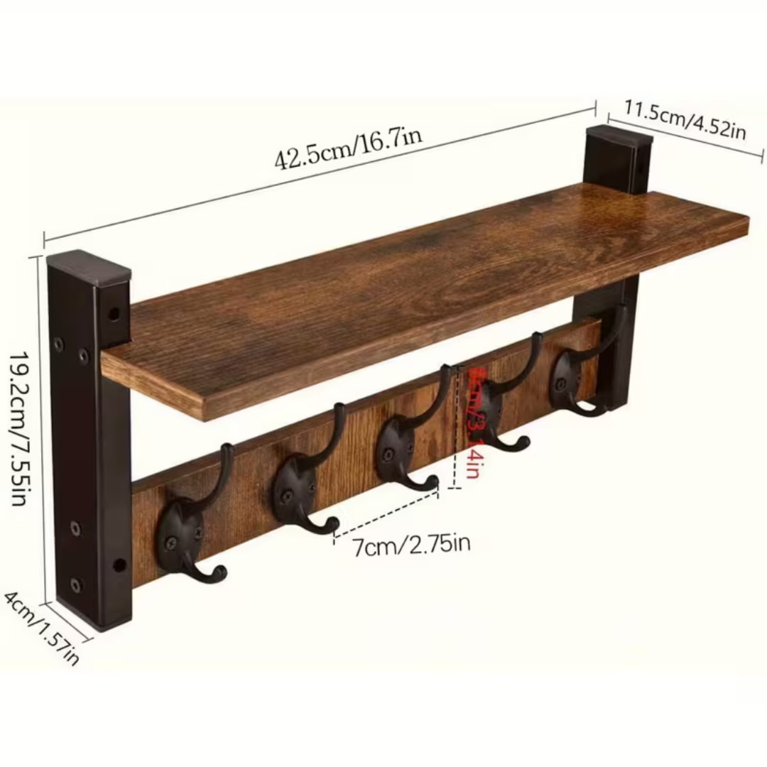 Multipurpose Wooden Wall Hanging Shelf with 5 Strong Metal Hooks