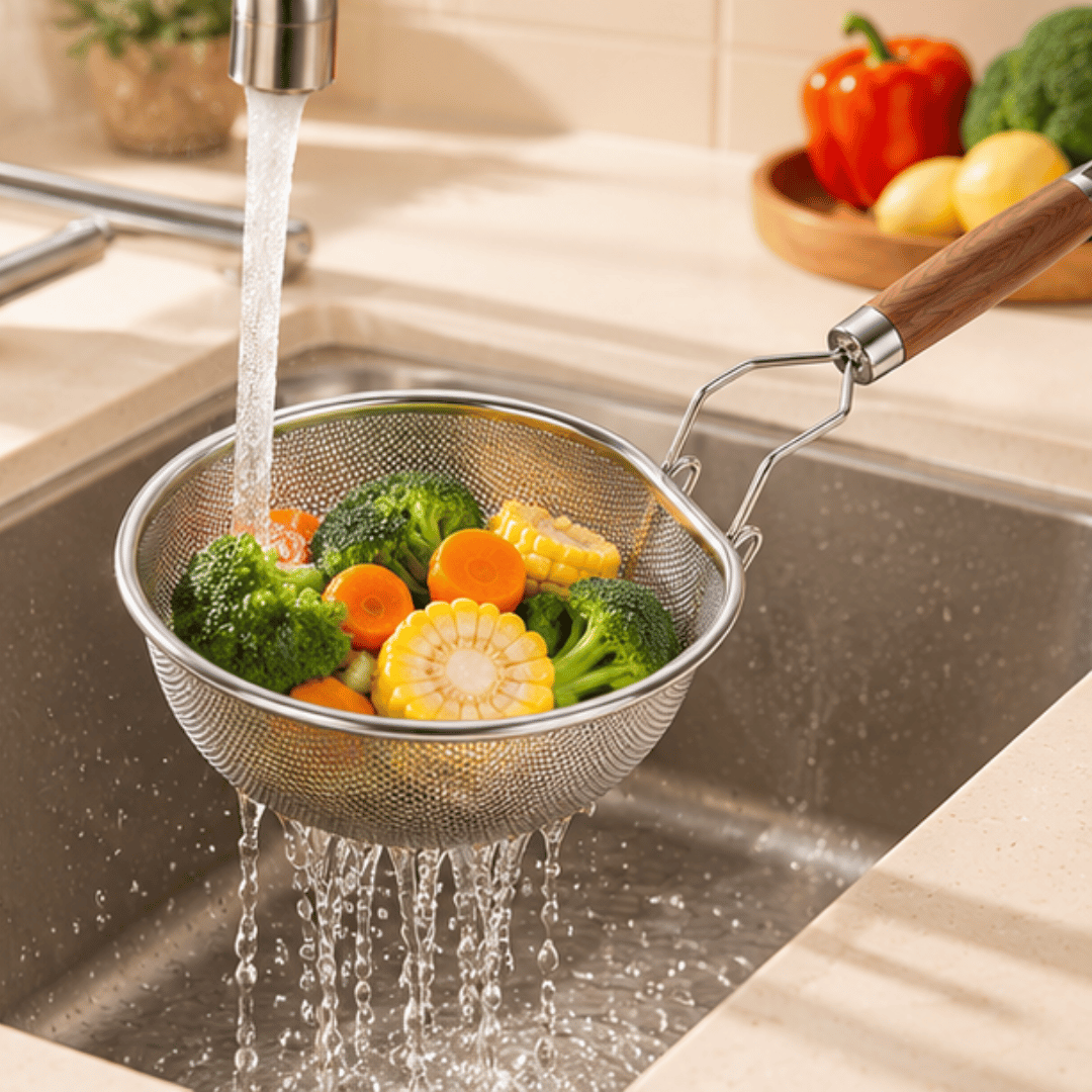Premium Stainless Steel Noodle Strainer with Faux Wood Handle and Hanging Hook