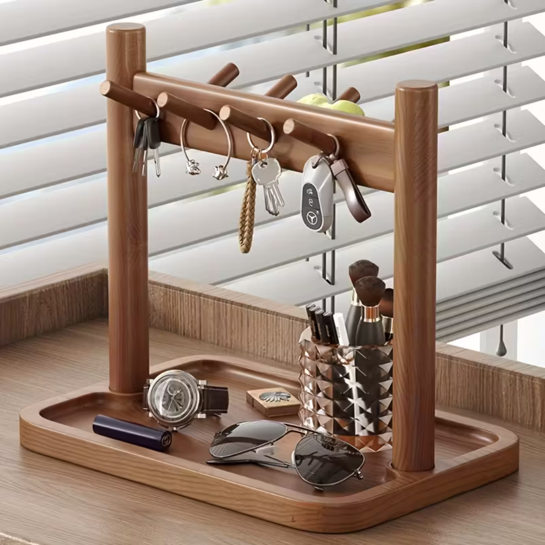 Smart Multi-Hook Design Modern Wooden Desktop Key Organizer