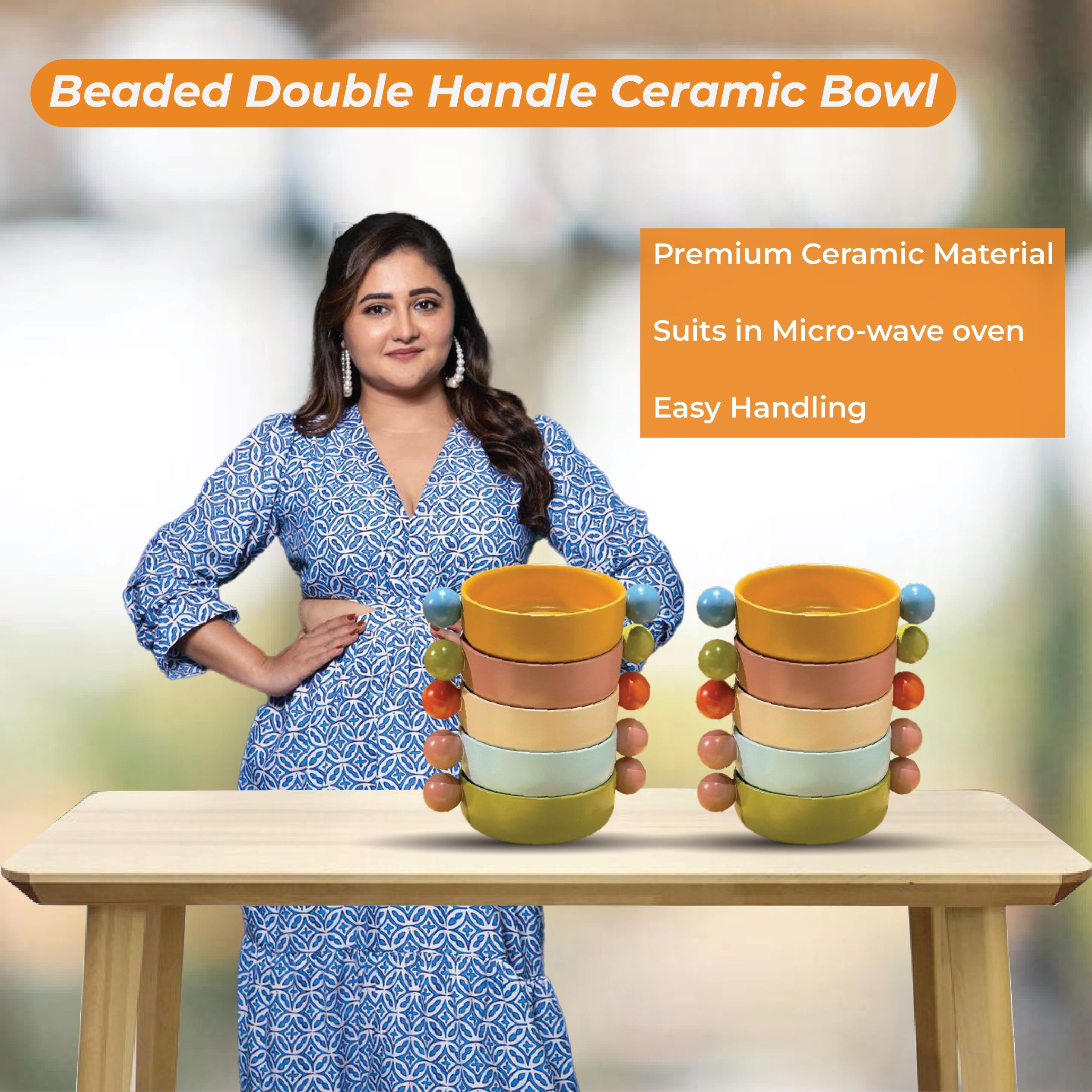 Beaded Double Handle Ceramic Bowl (Set of 4-Multi Colour)