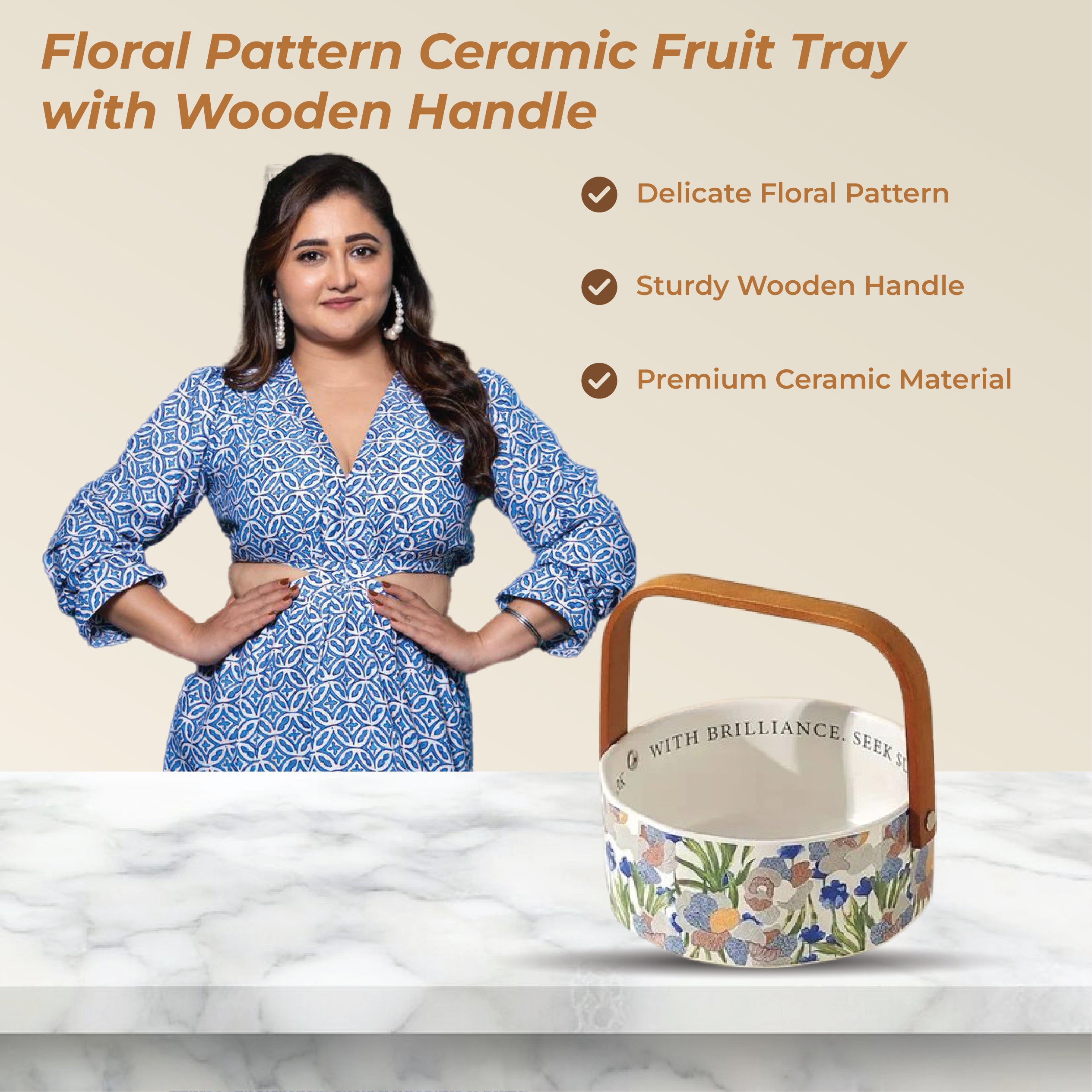 Elegant Ceramic Fruit Basket with Bamboo Handle for Home & Kitchen