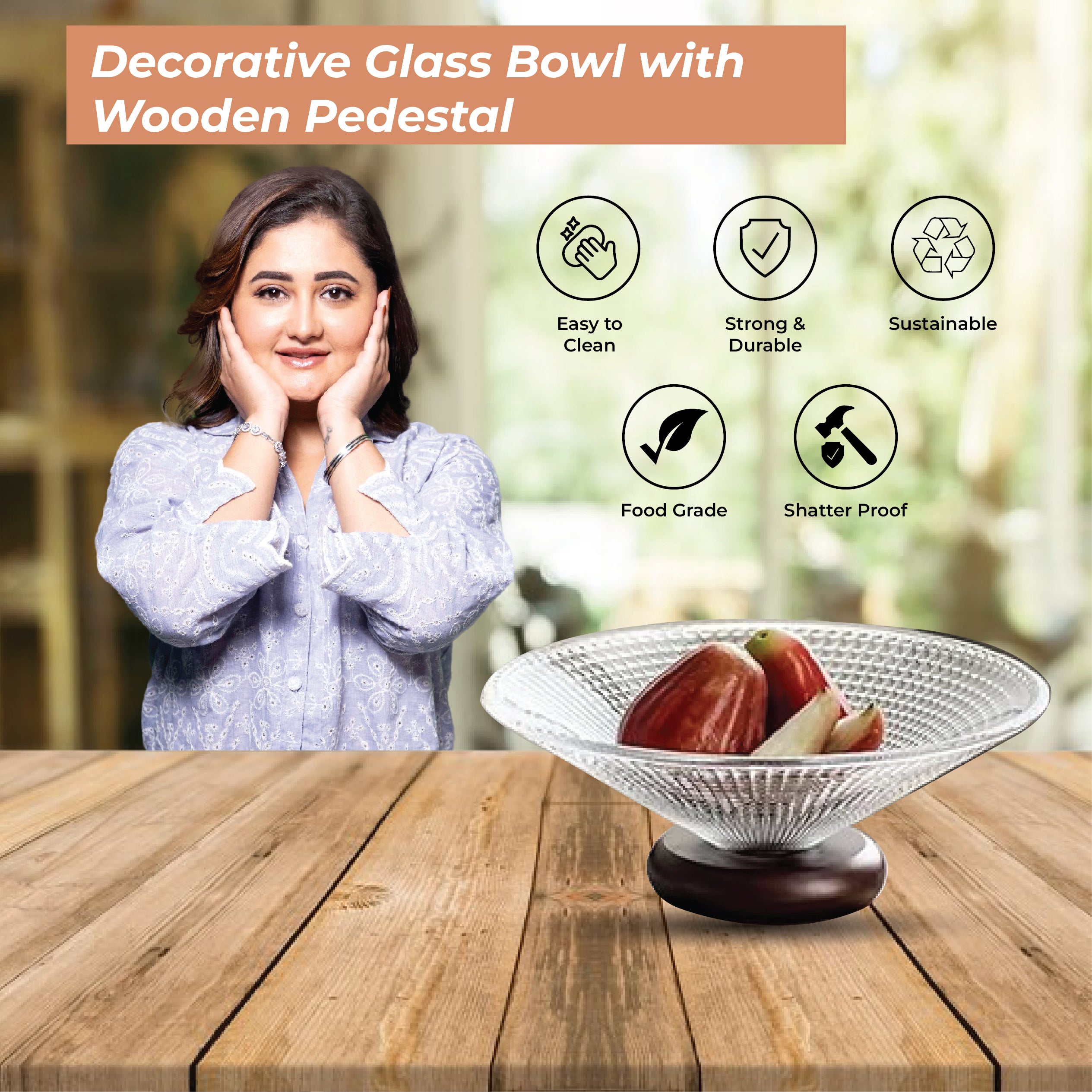 Homero Elegant Multi-Use Fruit Bowl with Pedestal Stand - 25cm Glass Wood
