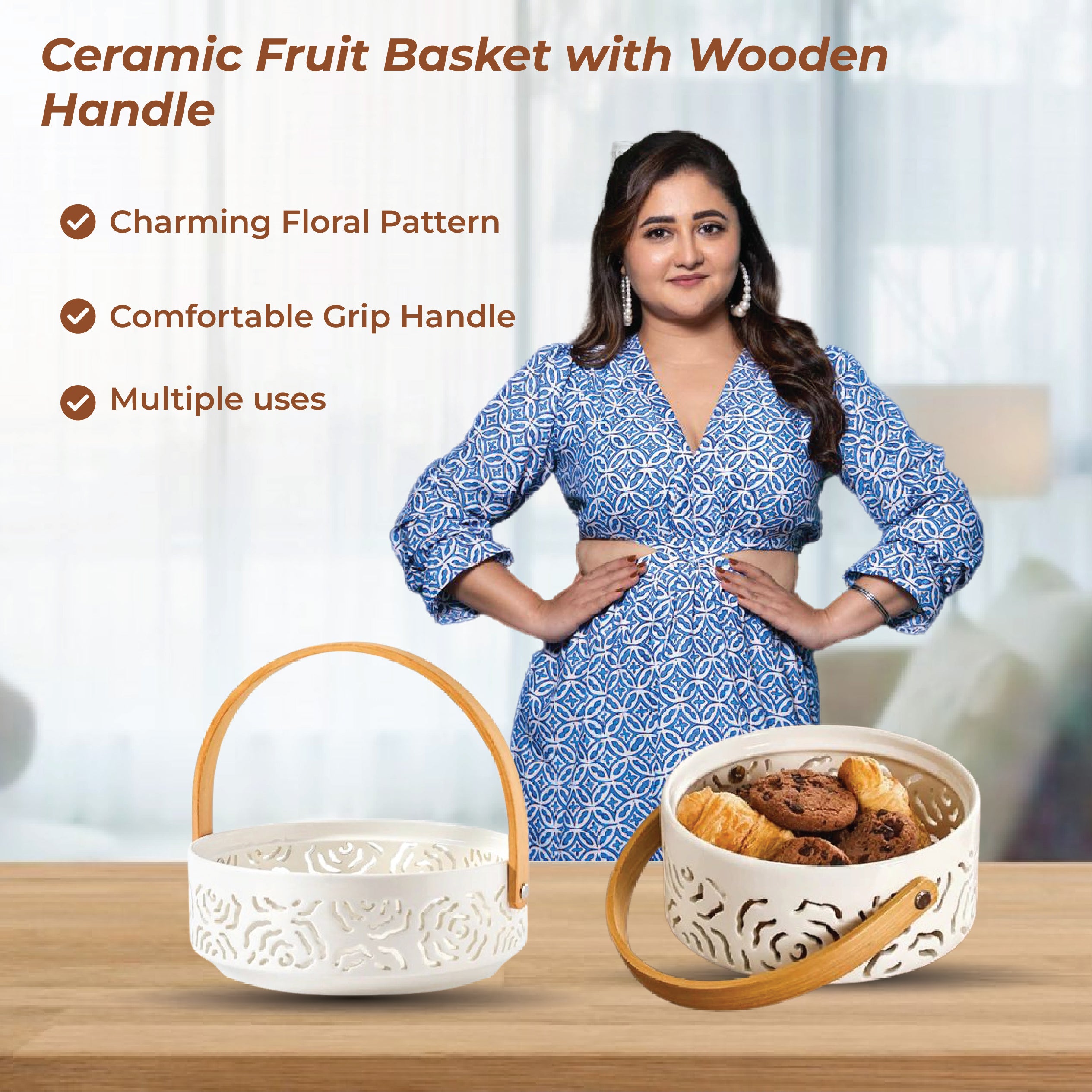 Ceramic Snacks Basket with Wooden Handle