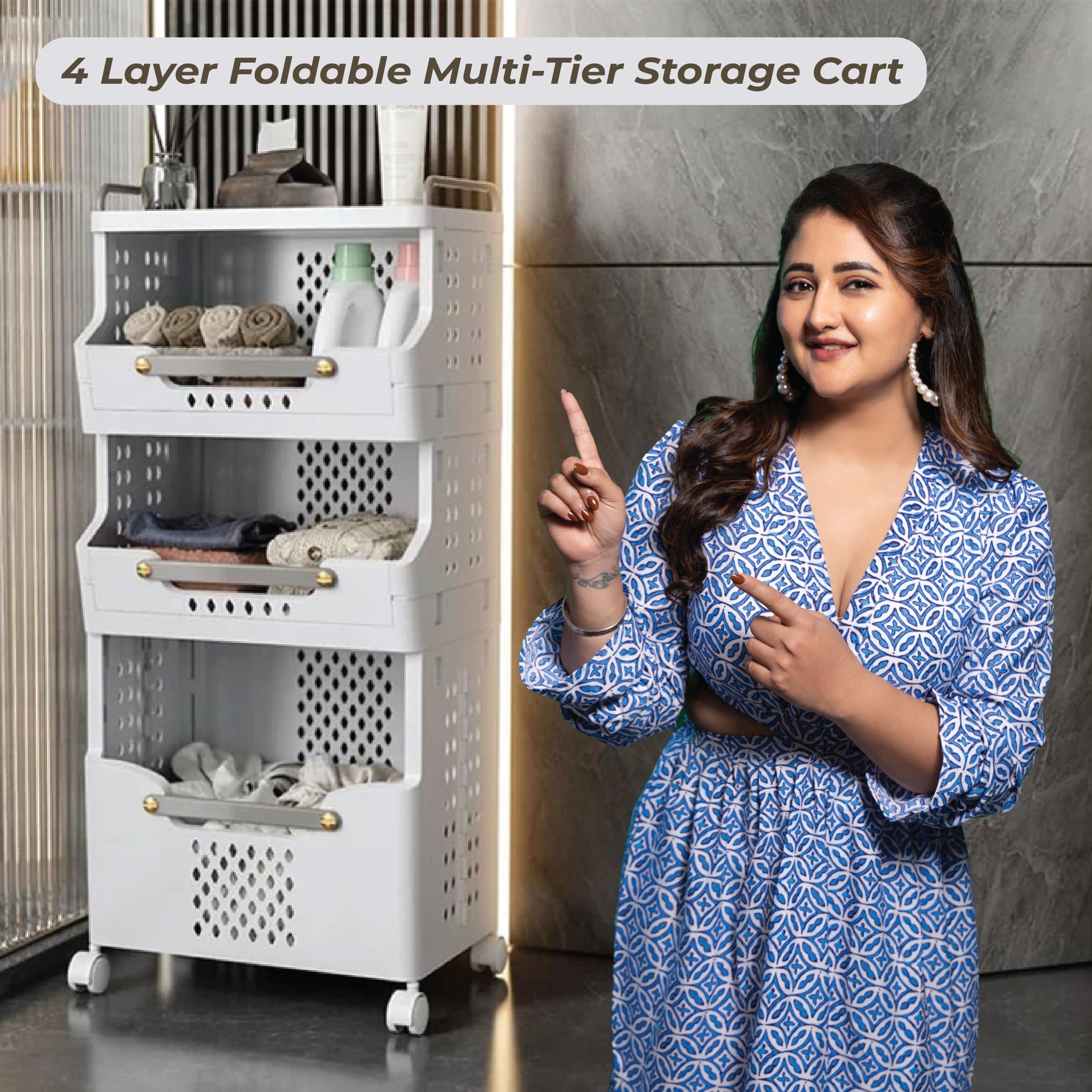 Homero 4 Layer Foldable Storage Cart with Wheels for Home & Kitchen