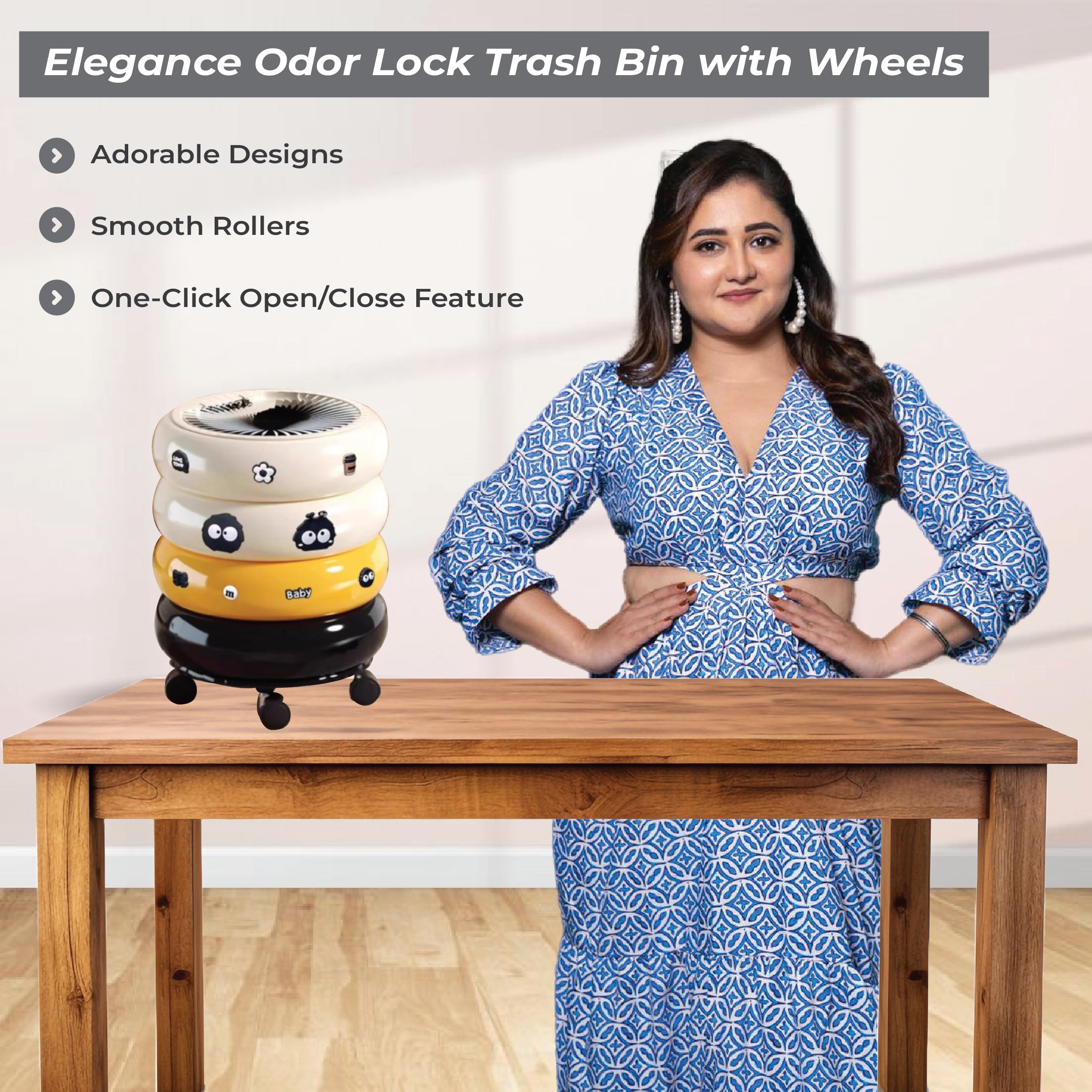 Elegant Odor Lock Trash Bin with Wheels