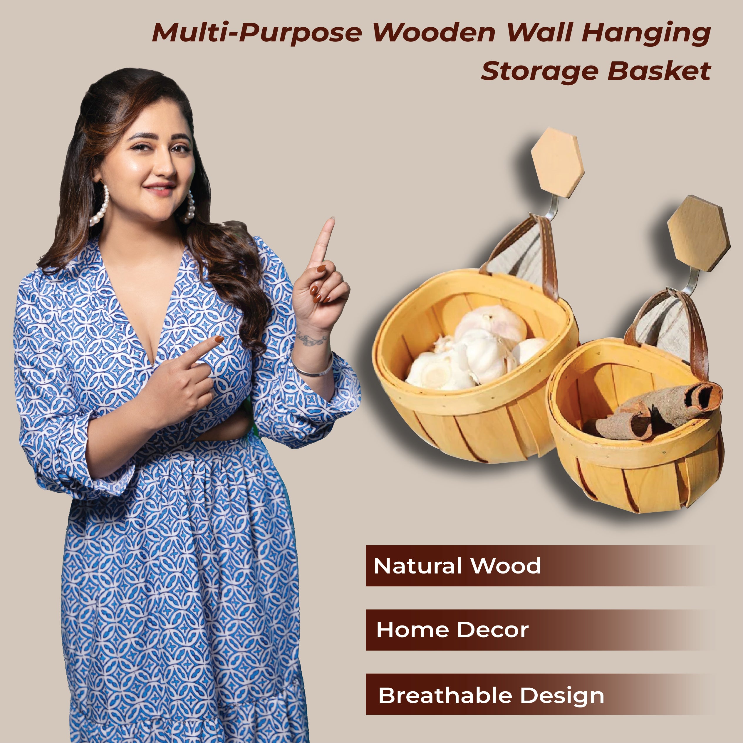 Homero Multi-Purpose Wooden Wall Hanging Storage Basket