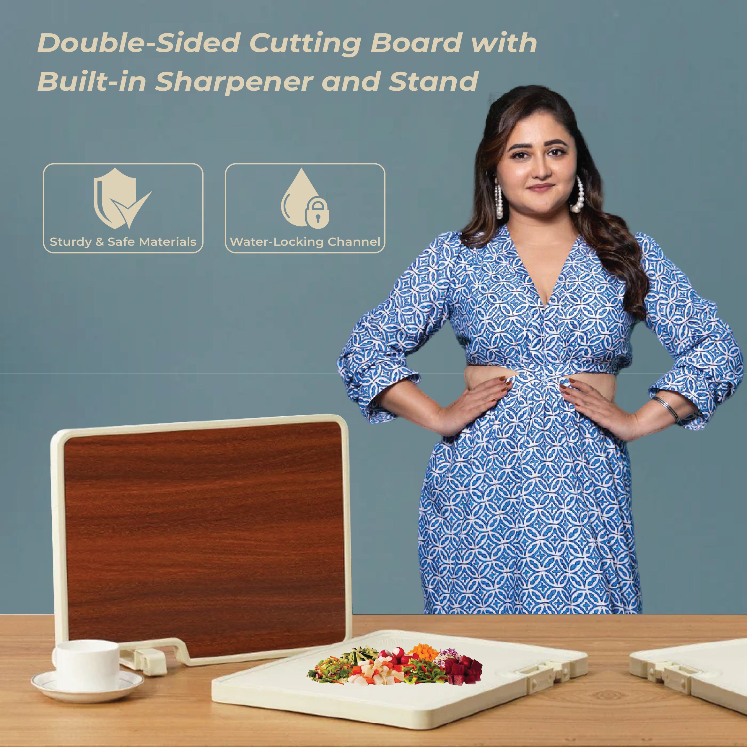 Double-Sided Chopping Board with Built-in Sharpener and Stand