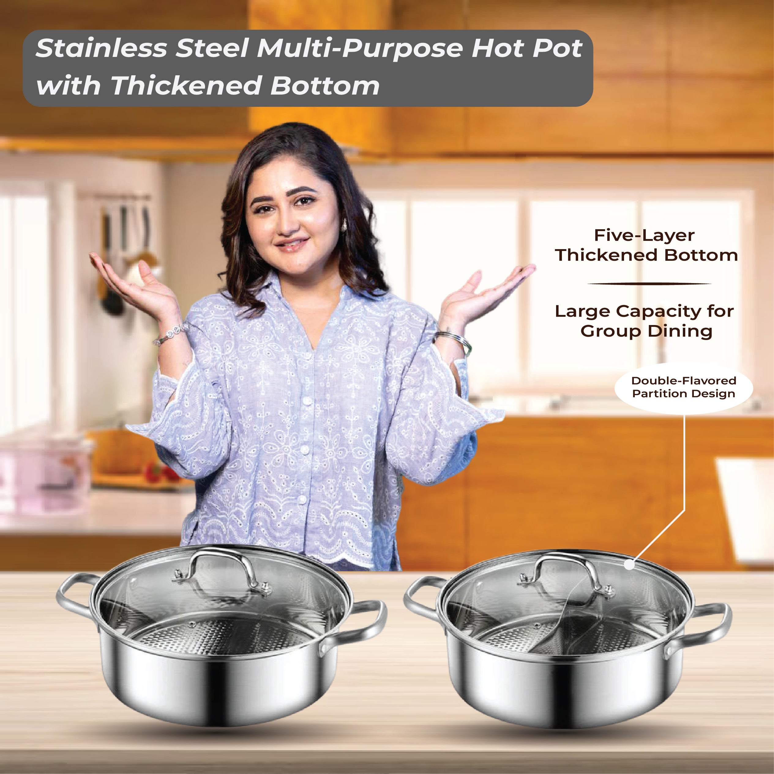 Homero Stainless Steel Multi-Purpose Hot Pot with Thickened Bottom (28cm)