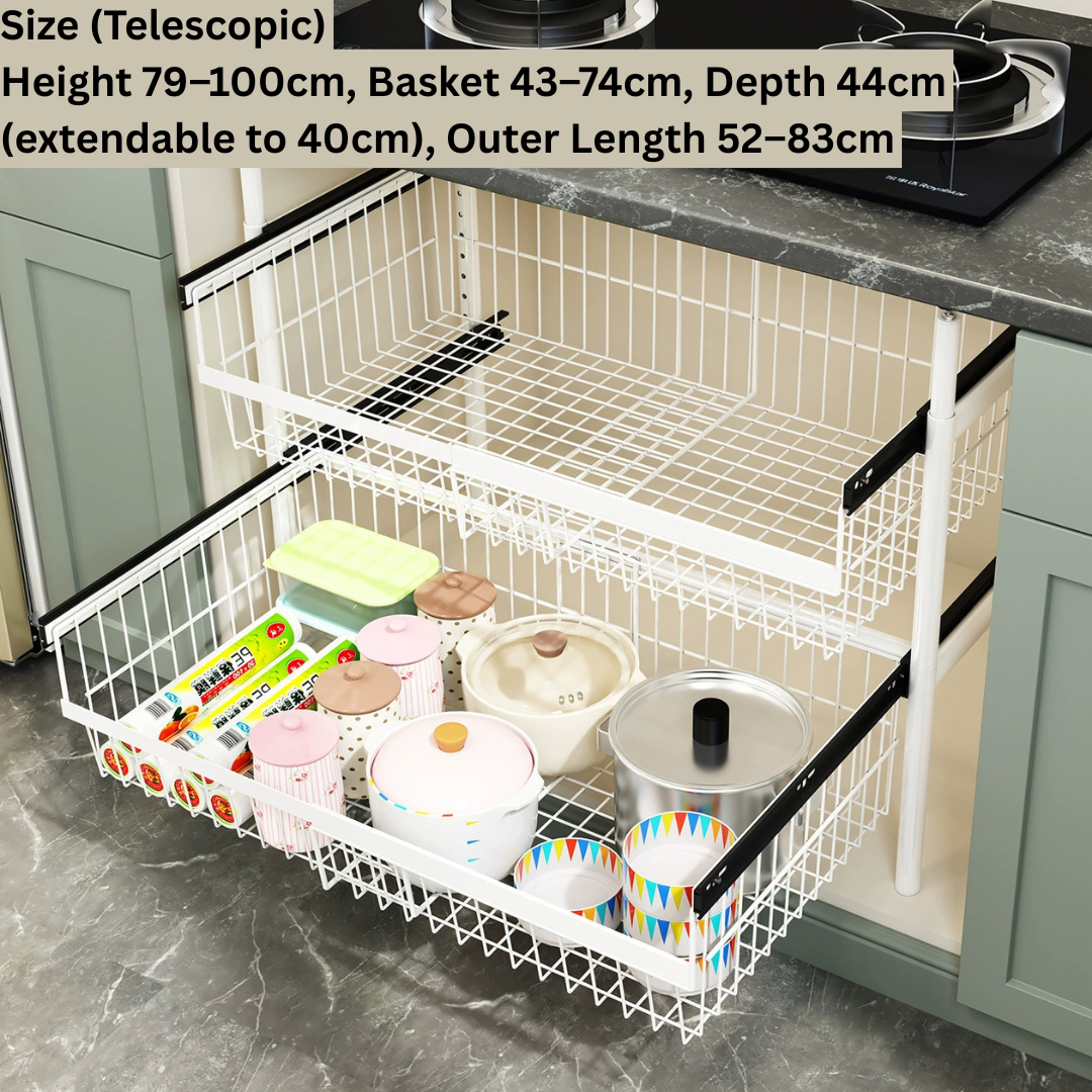 HOMERO Carbon Steel Adjustable Telescopic Pull-Out Cabinet Basket Organizer